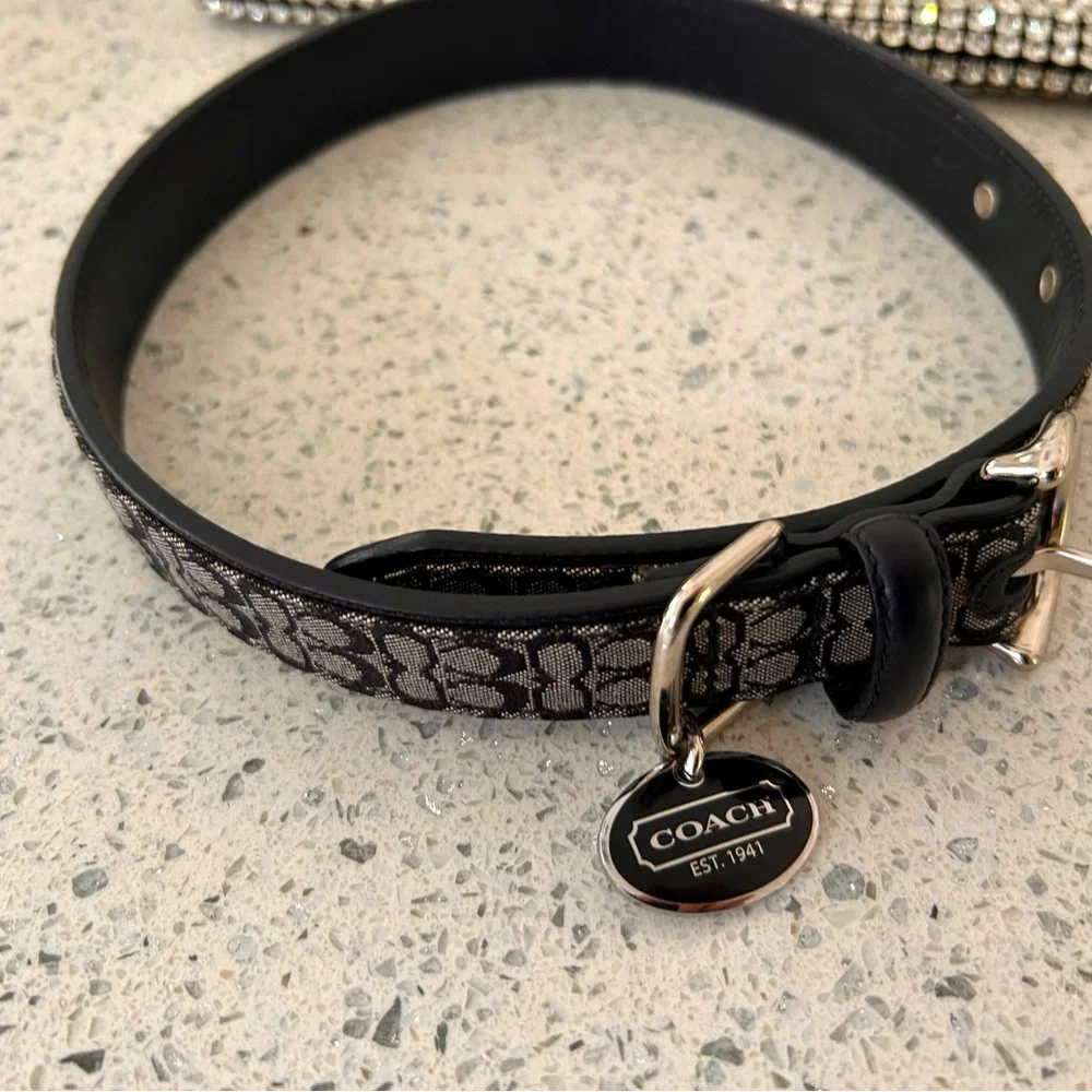 NEW COACH BLACK SIGNATURE LEATHER DOG COLLAR monogram leather/canvas Collar-L - Picture 4 of 5